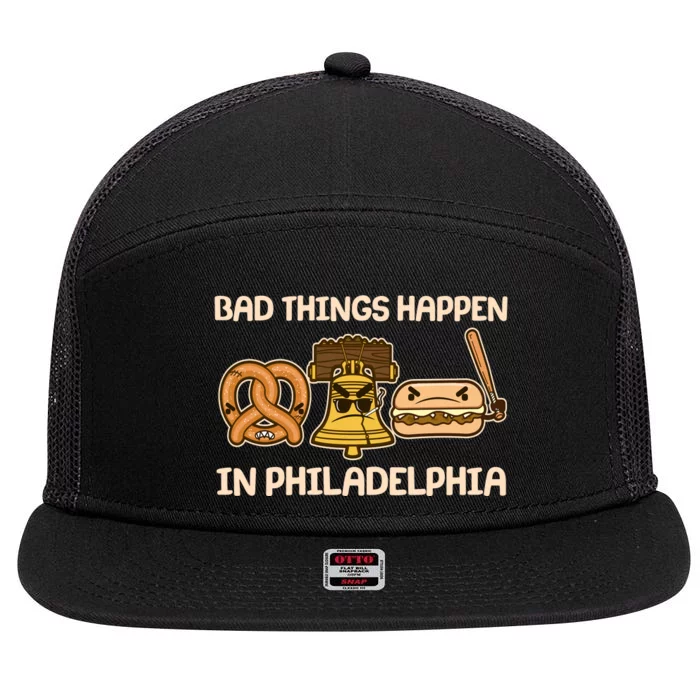 Bad Things Happen in Philadelphia Pretzel Liberty Bell Cheesesteak 7 Panel Mesh Trucker Snapback Hat