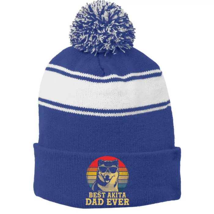 Best Akita Dad Ever Dog Lovers Retro Vintage Gift Stripe Pom Pom Beanie