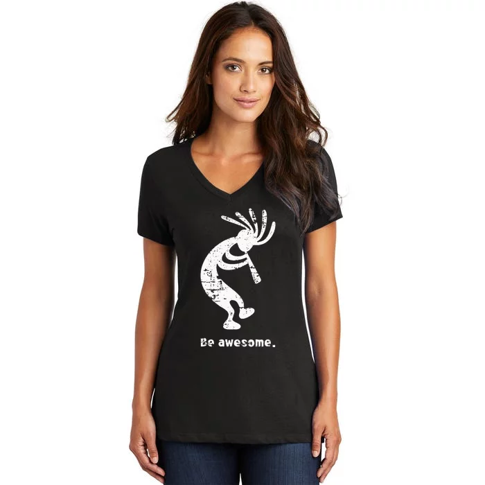 Be Awesome Dancing Kokopelli Southwestern Distressed Women's V-Neck T-Shirt