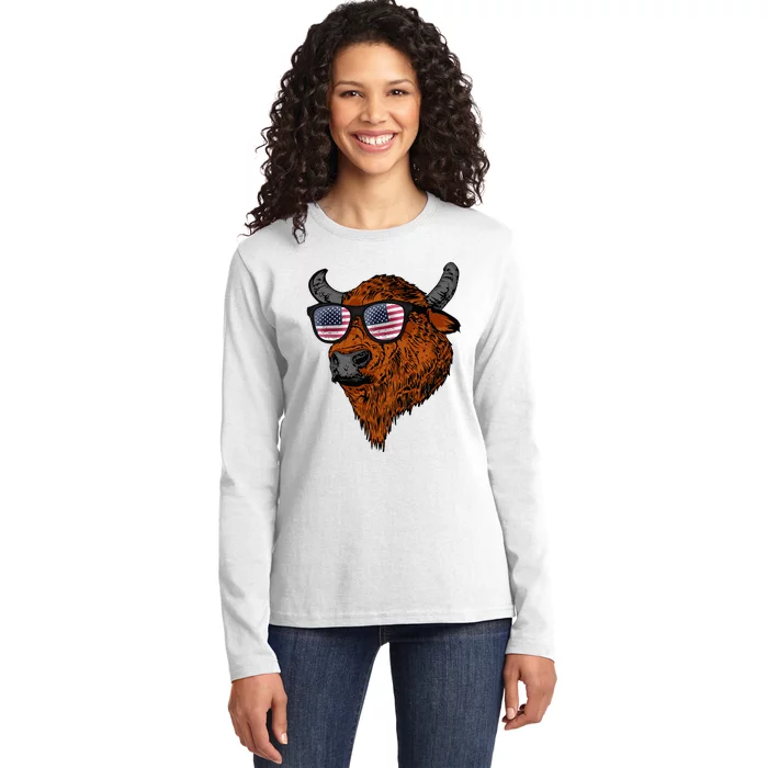 Buffalo American Flag Usa National Park Bison Ladies Long Sleeve Shirt