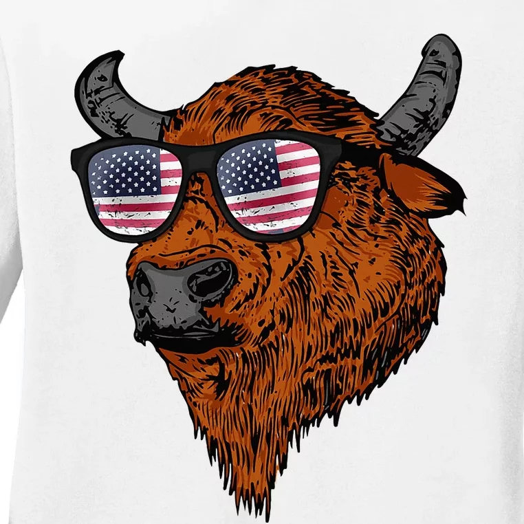 Buffalo American Flag Usa National Park Bison Ladies Long Sleeve Shirt