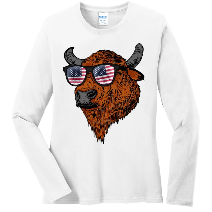 Buffalo American Flag Usa National Park Bison Ladies Long Sleeve Shirt