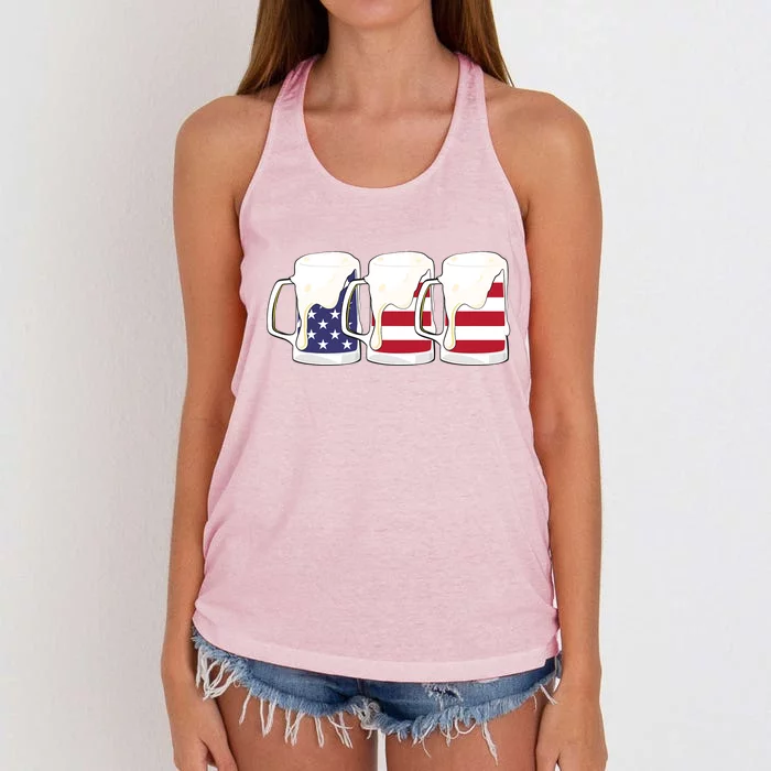 Beer American Flag Shirt 4th Of July Men Women Merica USA Women's Knotted Racerback Tank