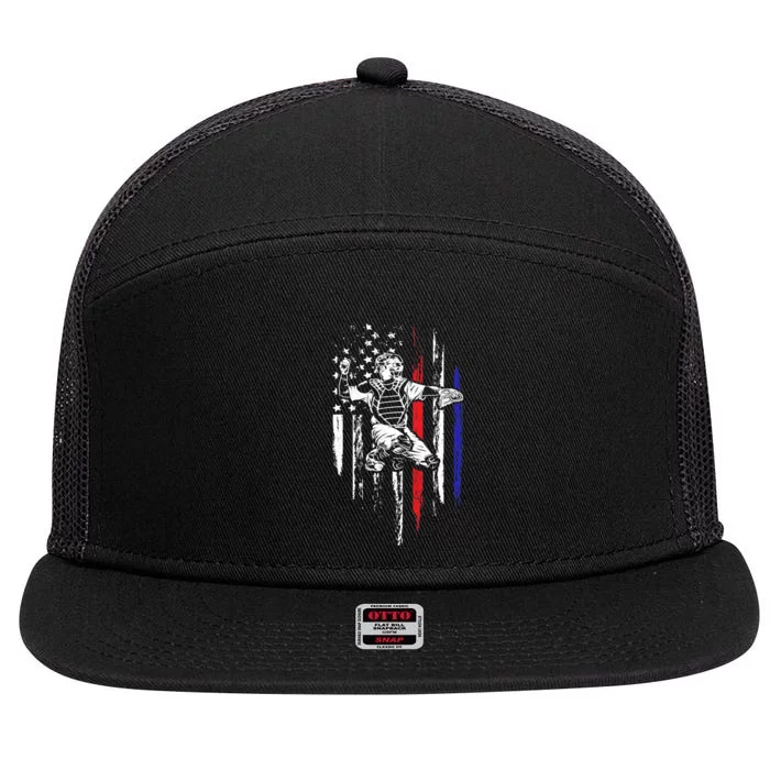 Baseball American Flag Patriotic Catcher 4th Of July Gift 7 Panel Mesh Trucker Snapback Hat