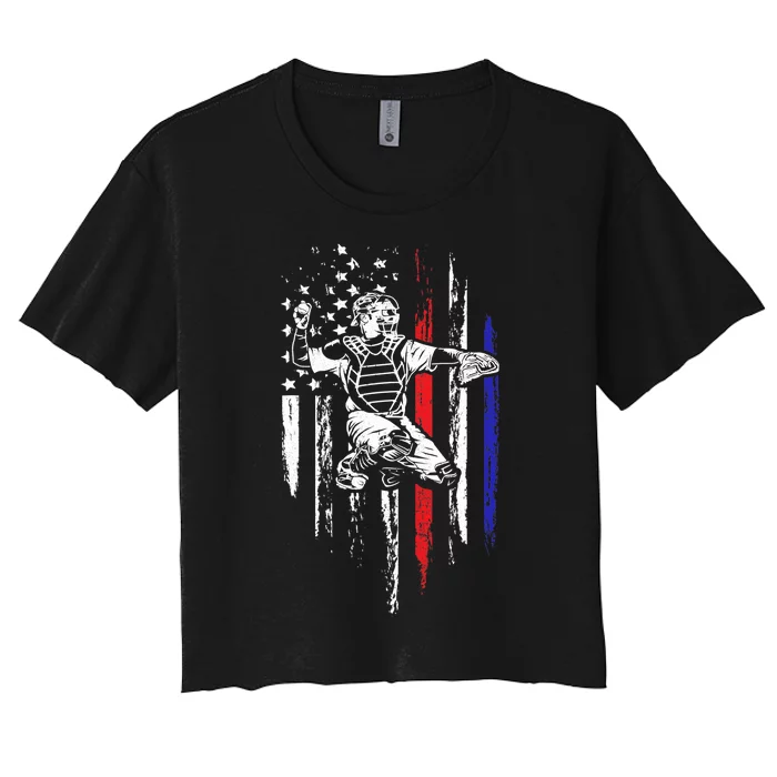 Baseball American Flag Patriotic Catcher 4th Of July Gift Women's Crop Top Tee