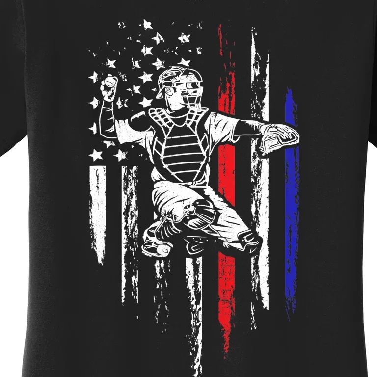 Baseball American Flag Patriotic Catcher 4th Of July Gift Women's T-Shirt