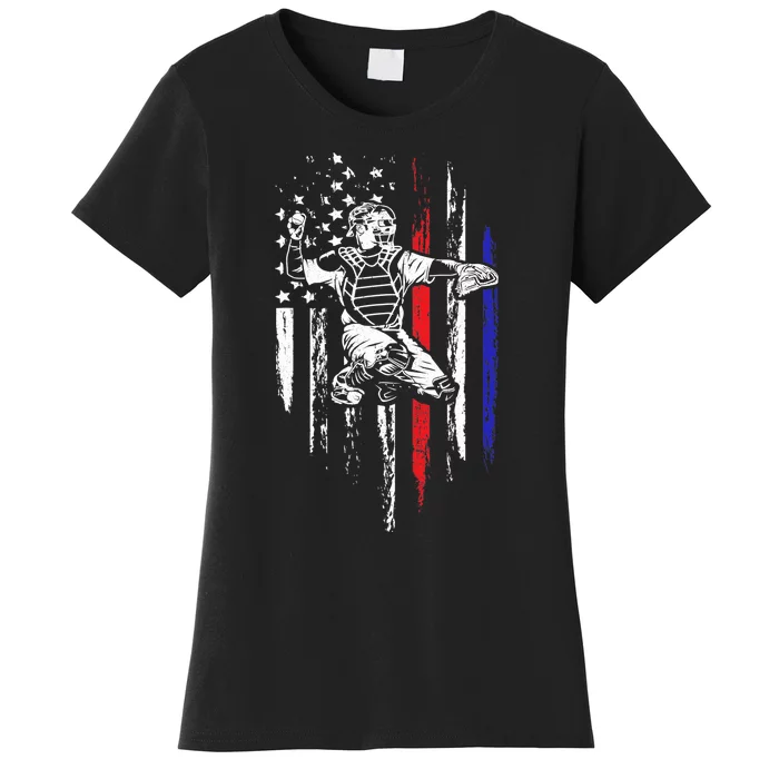 Baseball American Flag Patriotic Catcher 4th Of July Gift Women's T-Shirt