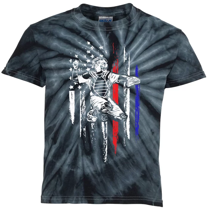 Baseball American Flag Patriotic Catcher 4th Of July Gift Kids Tie-Dye T-Shirt