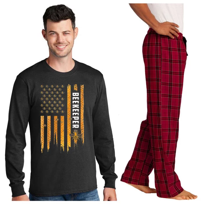 Beekeeping American Flag Honeycomb Honey Bees Beekeeper Long Sleeve Pajama Set