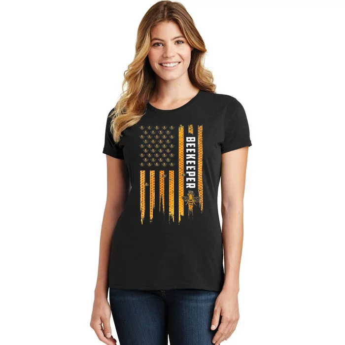 Beekeeping American Flag Honeycomb Honey Bees Beekeeper Women's T-Shirt