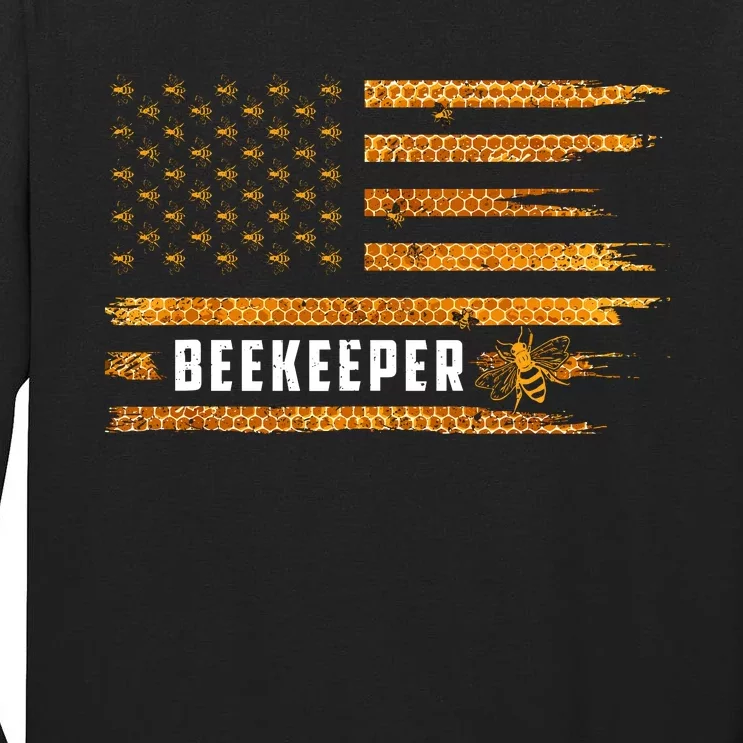 Beekeeping American Flag Honeycomb Honey Bees Beekeeper Tall Long Sleeve T-Shirt