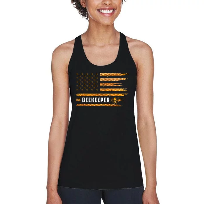 Beekeeping American Flag Honeycomb Honey Bees Beekeeper Women's Racerback Tank