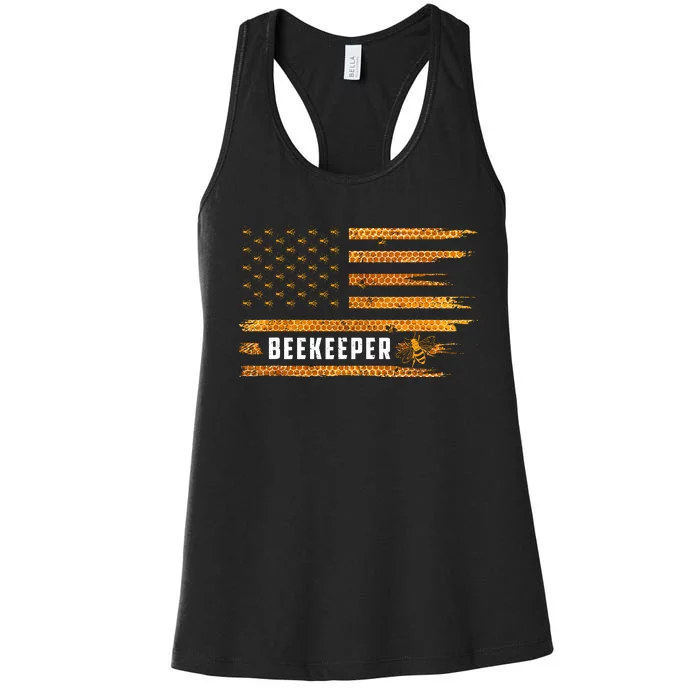 Beekeeping American Flag Honeycomb Honey Bees Beekeeper Women's Racerback Tank