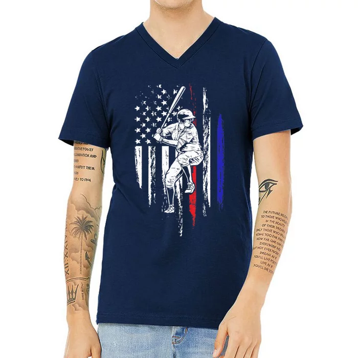 Baseball American Flag Batter Hitting USA 4th Of July Gift V-Neck T-Shirt