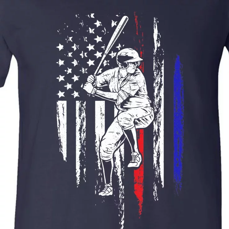 Baseball American Flag Batter Hitting USA 4th Of July Gift V-Neck T-Shirt