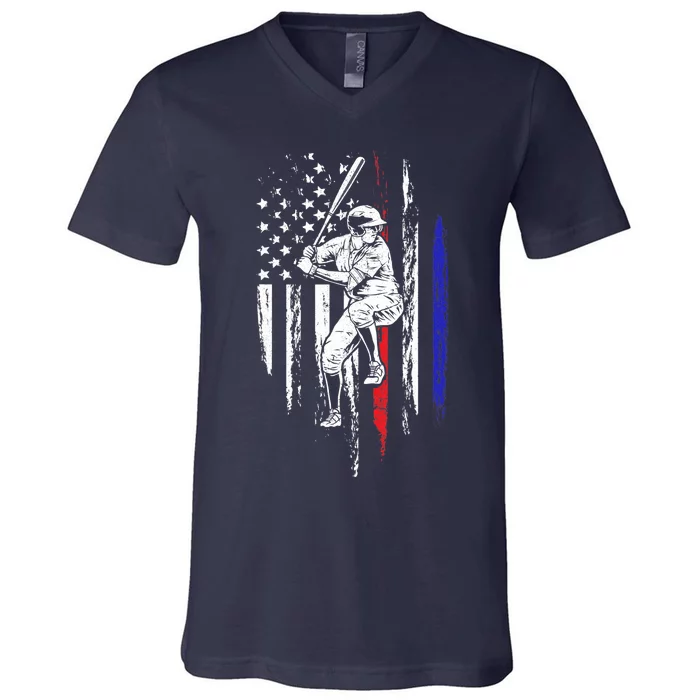 Baseball American Flag Batter Hitting USA 4th Of July Gift V-Neck T-Shirt