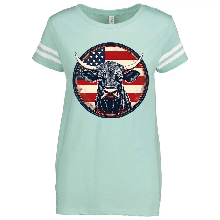 Bull American Flag Rodeo Distressed Cowboy Red Western Enza Ladies Jersey Football T-Shirt