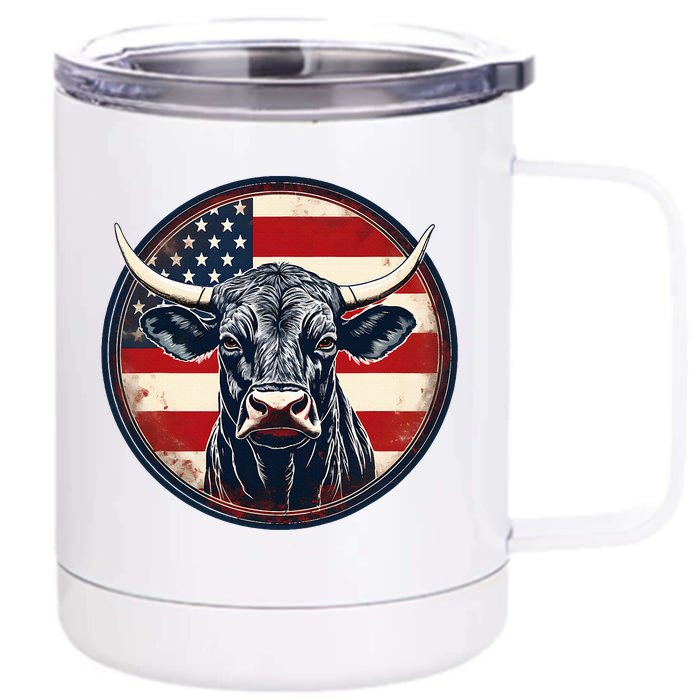 Bull American Flag Rodeo Distressed Cowboy Red Western Front & Back 12oz Stainless Steel Tumbler Cup