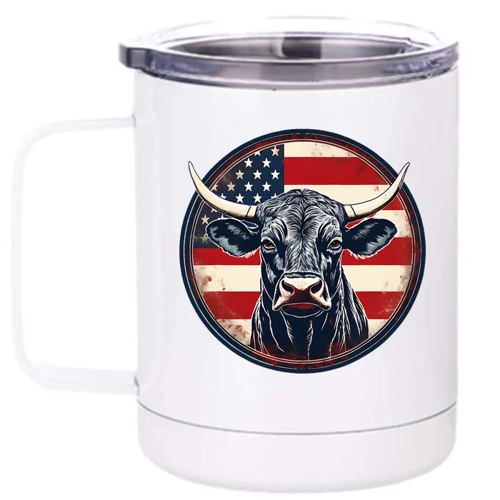 Bull American Flag Rodeo Distressed Cowboy Red Western Front & Back 12oz Stainless Steel Tumbler Cup