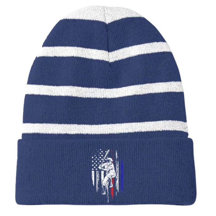 Baseball American Flag Batter Hitting USA 4th Of July Gift Striped Beanie with Solid Band