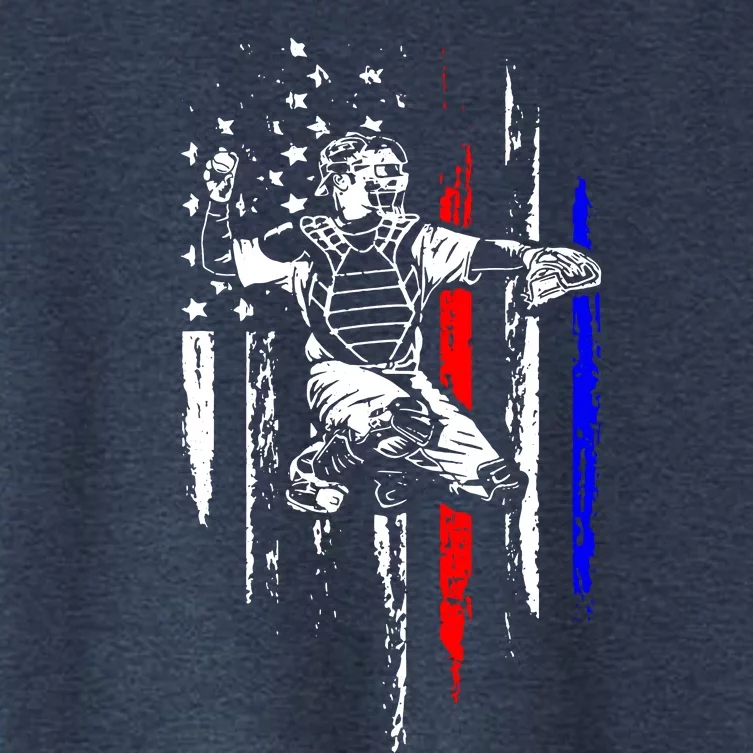 Baseball American Flag Patriotic Catcher 4th Of July Women's Crop Top Tee