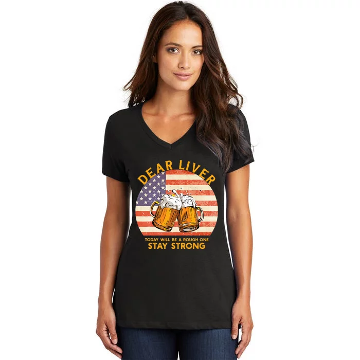 Beer American Flag Funny 4th Of July Merica USA Drinking Women's V-Neck T-Shirt