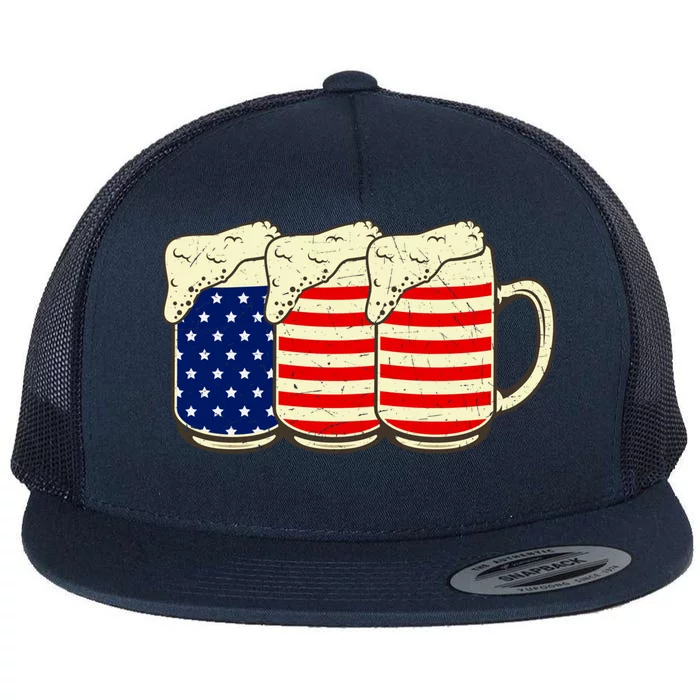 Beer American Flag 4th Of July Patriotic Merica Us Gift Flat Bill Trucker Hat