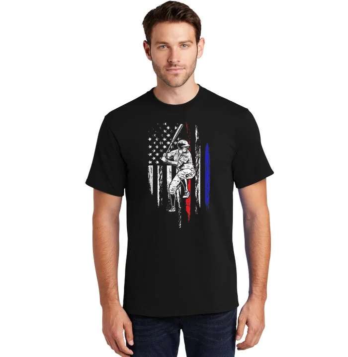 Baseball American Flag Batter Hitting USA 4th Of July Gift Tall T-Shirt