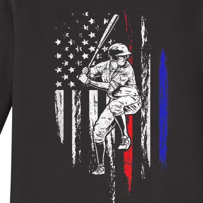 Baseball American Flag Batter Hitting USA 4th Of July Gift Baby Long Sleeve Bodysuit