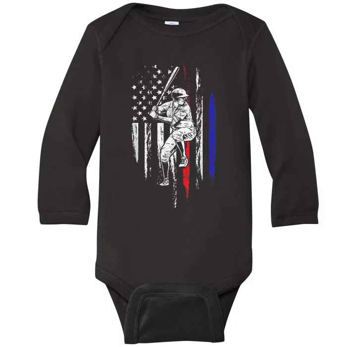 Baseball American Flag Batter Hitting USA 4th Of July Gift Baby Long Sleeve Bodysuit