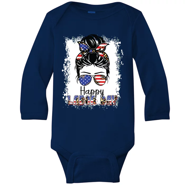 Bleached American Flag Happy Labor Day Messy Bun Hair Baby Long Sleeve Bodysuit