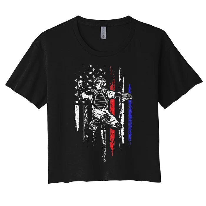 Baseball American Flag Patriotic Catcher 4th Of July Gift Women's Crop Top Tee