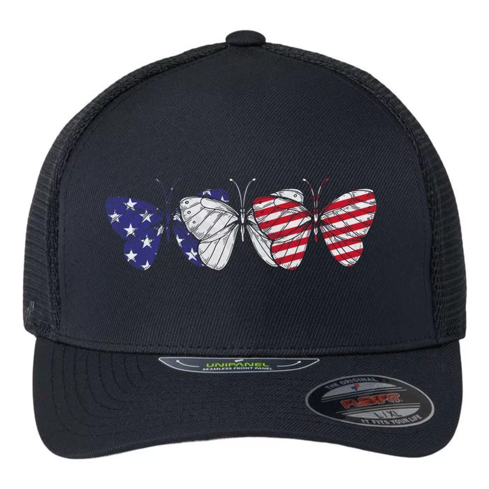 Butterfly American Flag Patriotic Butterfly 4th Of July Gift Flexfit Unipanel Trucker Cap