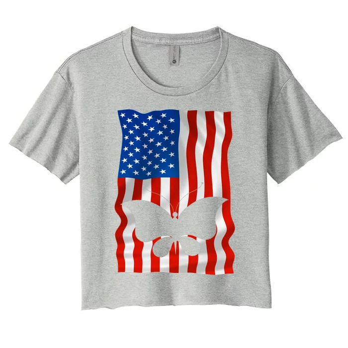 Butterfly American Flag Usa 4th Of July America Gift Women's Crop Top Tee