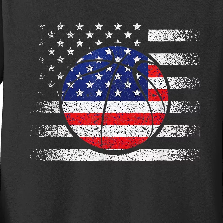 Basketball American Flag 4th Of July USA Sports Team Players Kids Long Sleeve Shirt