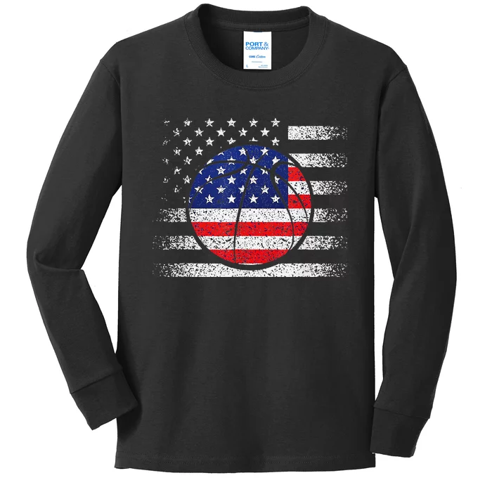 Basketball American Flag 4th Of July USA Sports Team Players Kids Long Sleeve Shirt