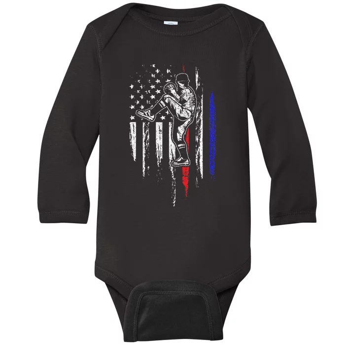 Baseball American Flag Pitcher USA Pitching 4th Of July Gift Baby Long Sleeve Bodysuit