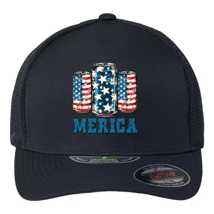 Beer American Flag Funny 4th Of July Merica Usa Drinking Flexfit Unipanel Trucker Cap