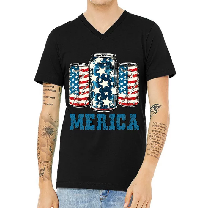 Beer American Flag Funny 4th Of July Merica Usa Drinking V-Neck T-Shirt