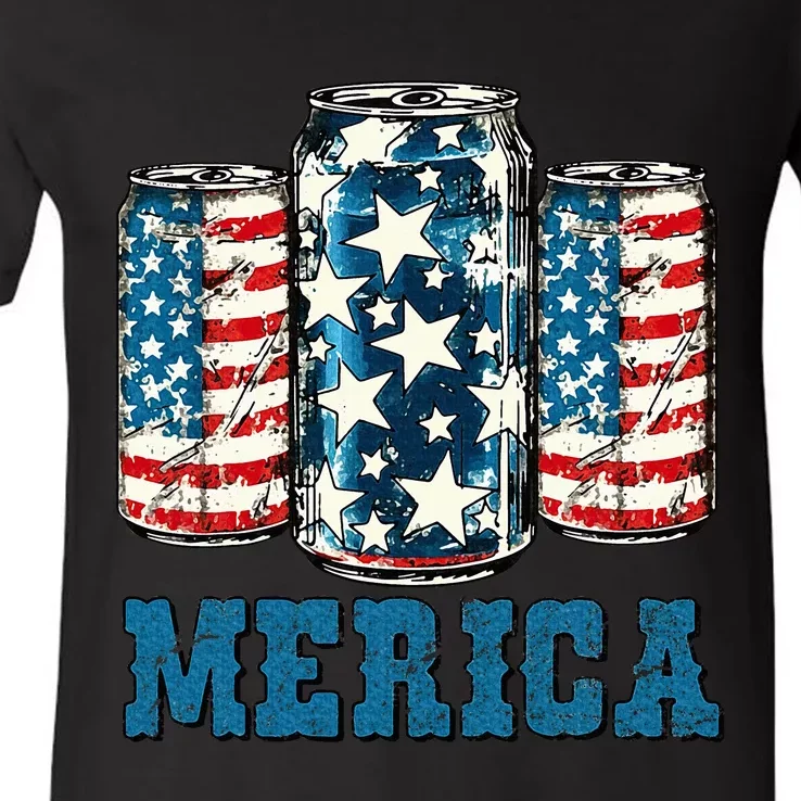 Beer American Flag Funny 4th Of July Merica Usa Drinking V-Neck T-Shirt