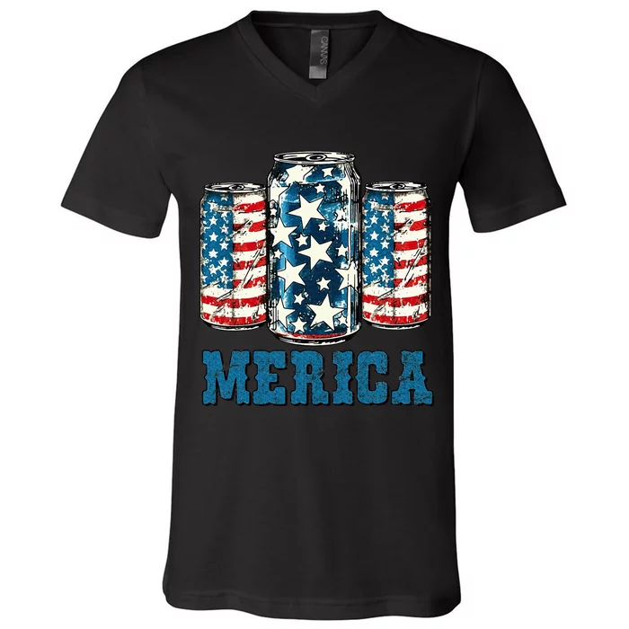 Beer American Flag Funny 4th Of July Merica Usa Drinking V-Neck T-Shirt