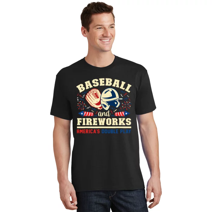 Baseball And Fireworks America's Double Play 4th Of July T-Shirt