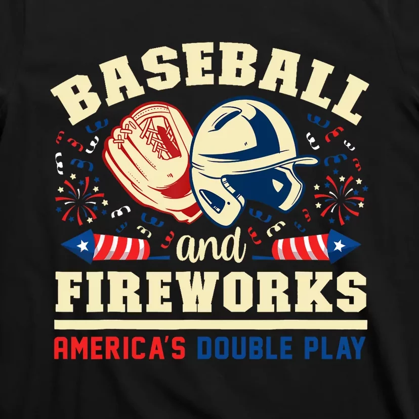 Baseball And Fireworks America's Double Play 4th Of July T-Shirt