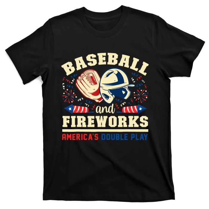 Baseball And Fireworks America's Double Play 4th Of July T-Shirt