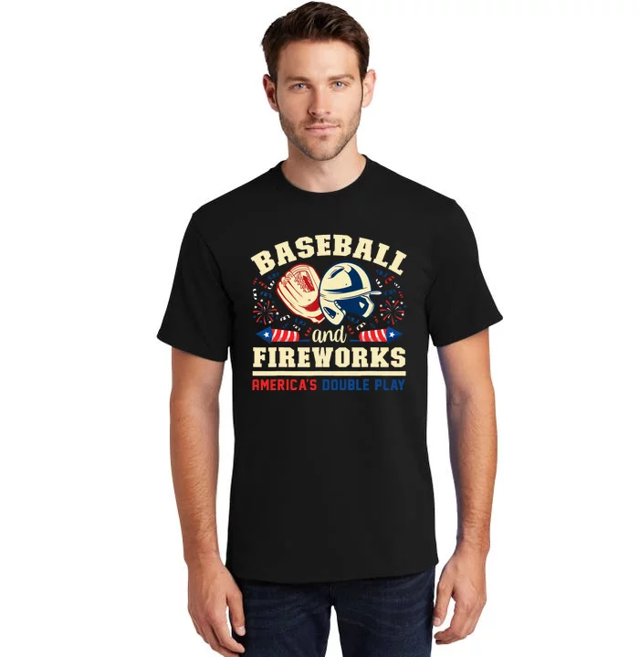 Baseball And Fireworks America's Double Play 4th Of July Tall T-Shirt