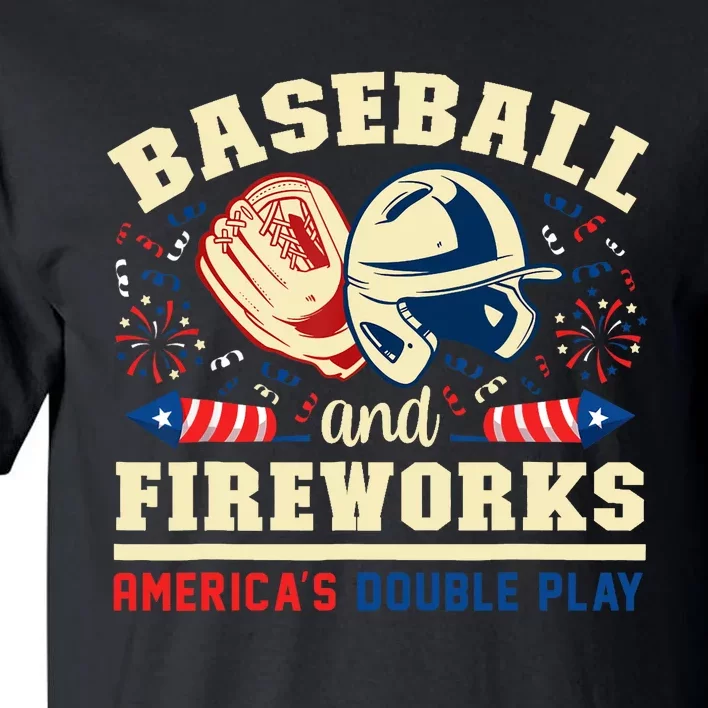 Baseball And Fireworks America's Double Play 4th Of July Tall T-Shirt