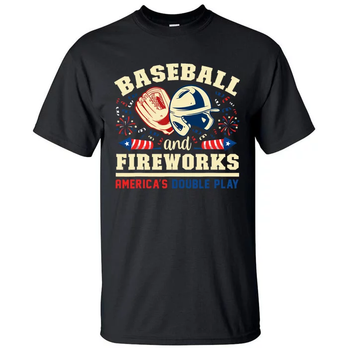 Baseball And Fireworks America's Double Play 4th Of July Tall T-Shirt