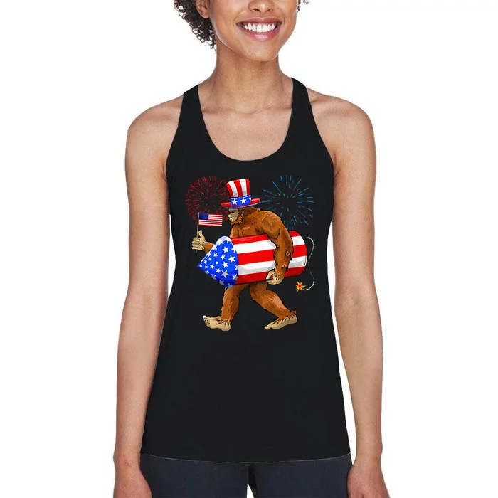 Bigfoot American Flag Funny 4th Of July Sasquatch Believe Women's Racerback Tank