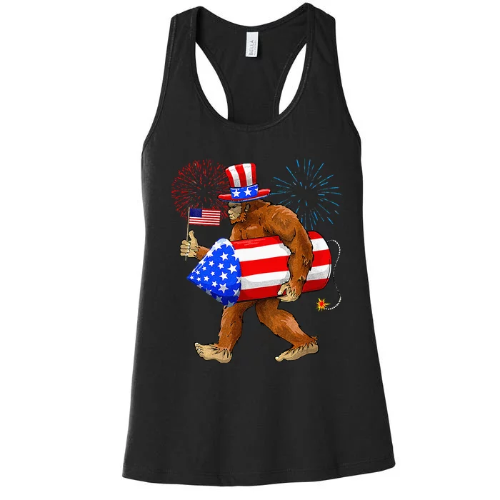 Bigfoot American Flag Funny 4th Of July Sasquatch Believe Women's Racerback Tank