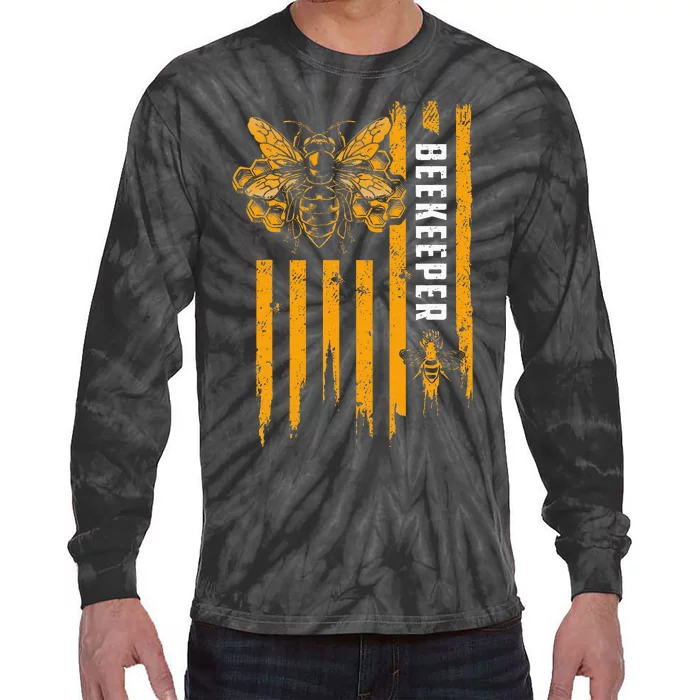 Beekeeping American Flag Honeycomb Honey Bees Beekeeper Tie-Dye Long Sleeve Shirt